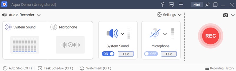 aqua demo audio recorder main interface