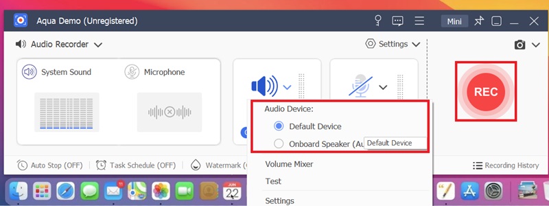 select audio device and click rec button to start