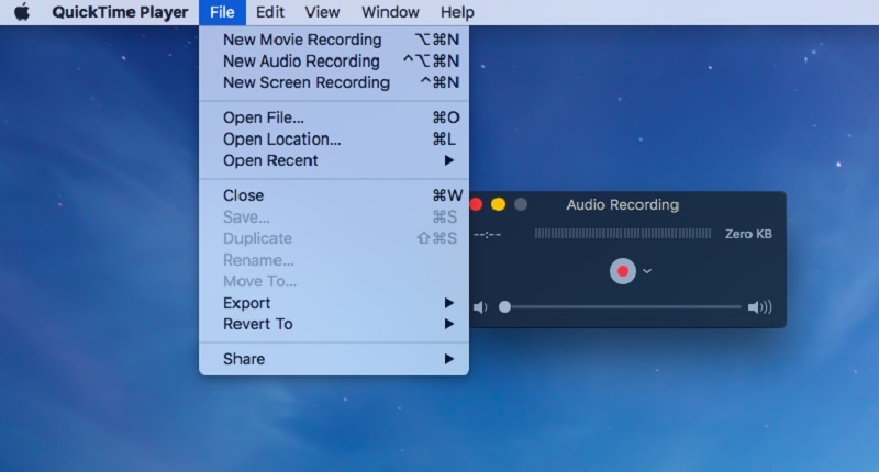 quicktime recording menu