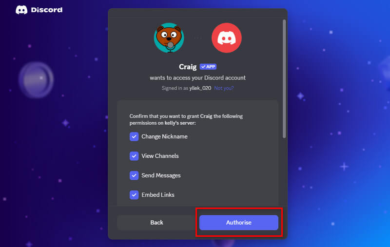 authorise craig bot to access the server