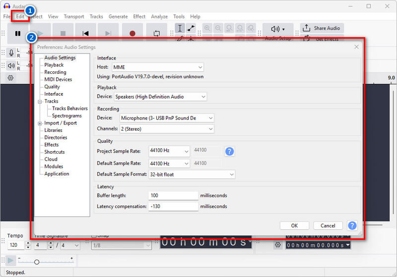 set up audacity