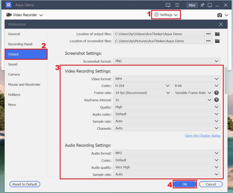 set output settings
